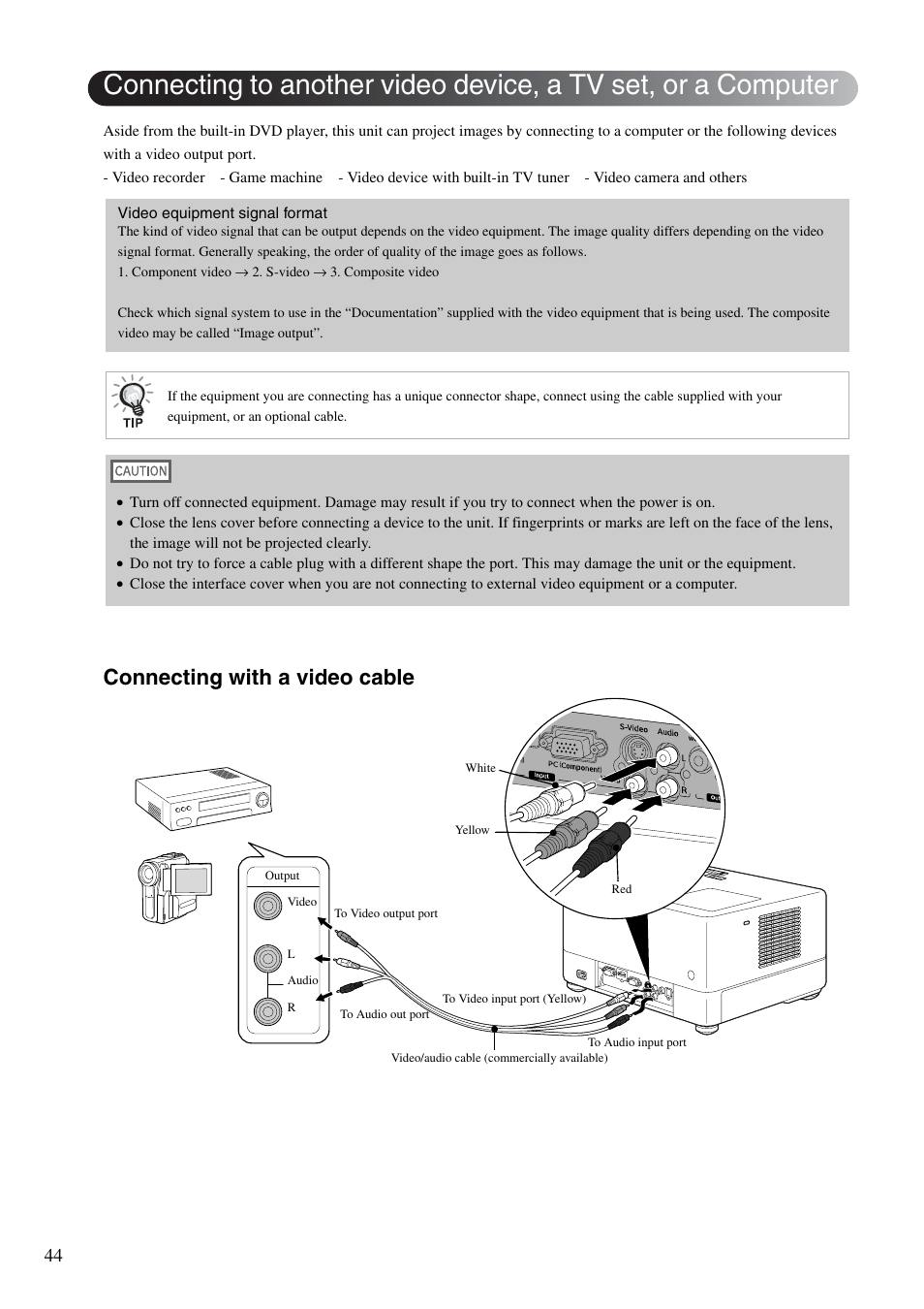 Vice, P. 44, Connecting with a video cable | Epson EMP-TWD10 User Manual | Page 46 / 82