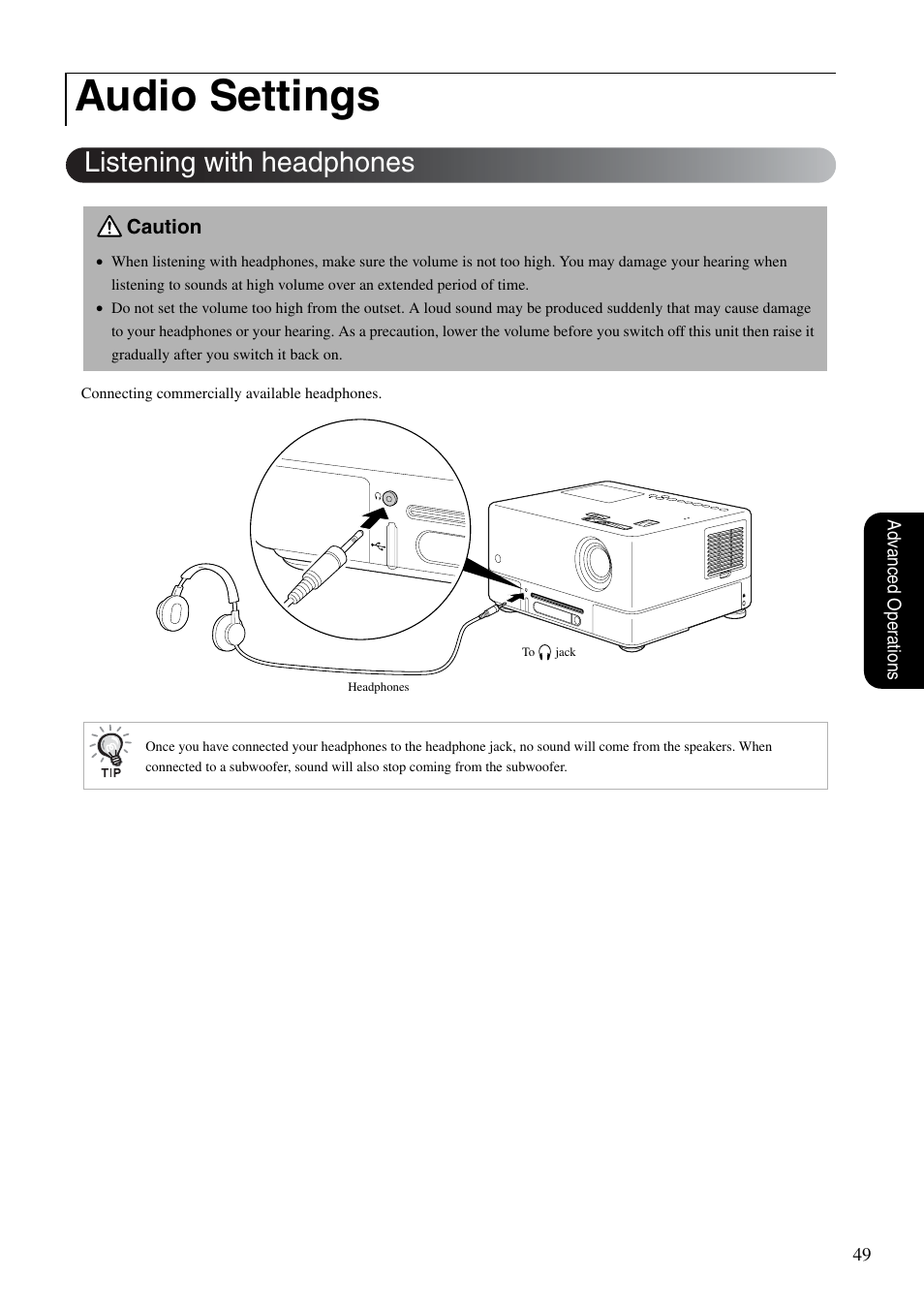 Audio settings, Listening with headphones, P. 49 | Epson EMP-TWD10 User Manual | Page 51 / 82