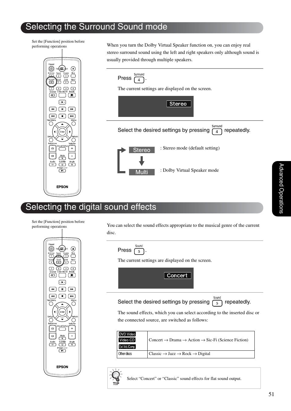 Selecting the surround sound mode, Selecting the digital sound effects, P. 51 | Sp. 51 | Epson EMP-TWD10 User Manual | Page 53 / 82