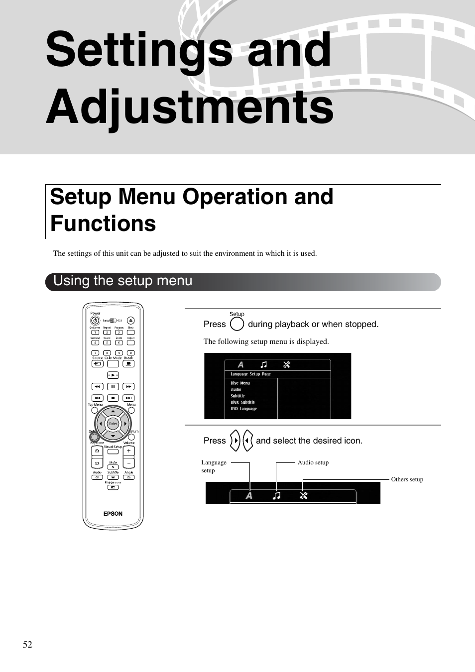 Settings and adjustments, Setup menu operation and functions, Using the setup menu | Sp. 52 | Epson EMP-TWD10 User Manual | Page 54 / 82