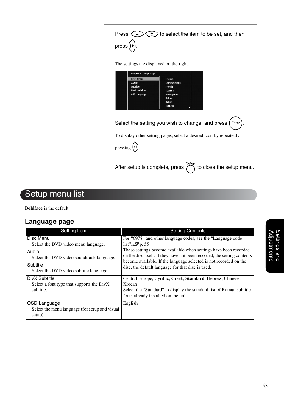 Setup menu list, Language page | Epson EMP-TWD10 User Manual | Page 55 / 82