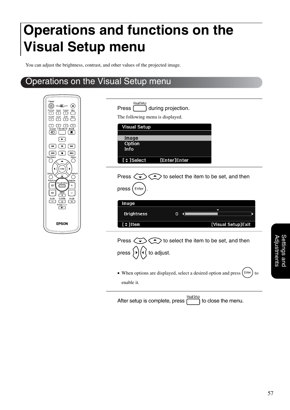 Operations and functions on the visual setup menu, Operations on the visual setup menu, P. 57 | Epson EMP-TWD10 User Manual | Page 59 / 82