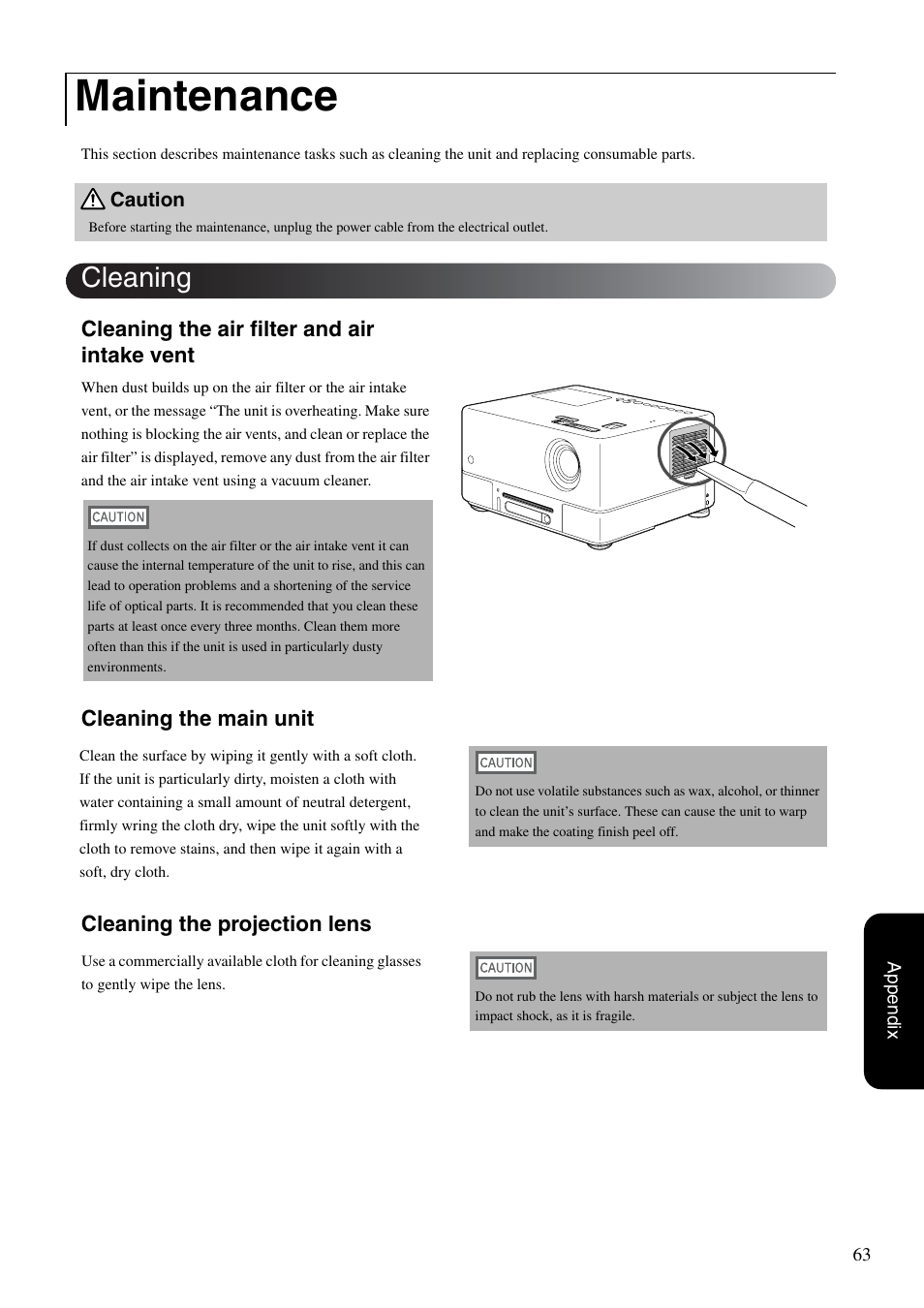 Maintenance, Cleaning, P. 63 | Cleaning the air filter and air intake vent | Epson EMP-TWD10 User Manual | Page 65 / 82