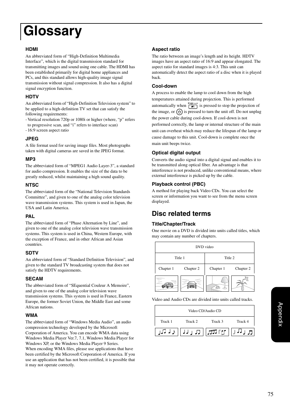 Glossary, Disc related terms, 75 appendix | Epson EMP-TWD10 User Manual | Page 77 / 82