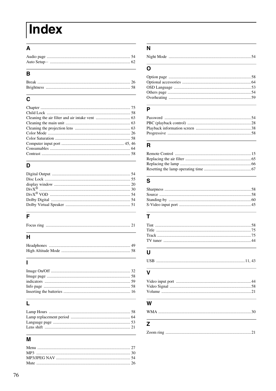 Index | Epson EMP-TWD10 User Manual | Page 78 / 82