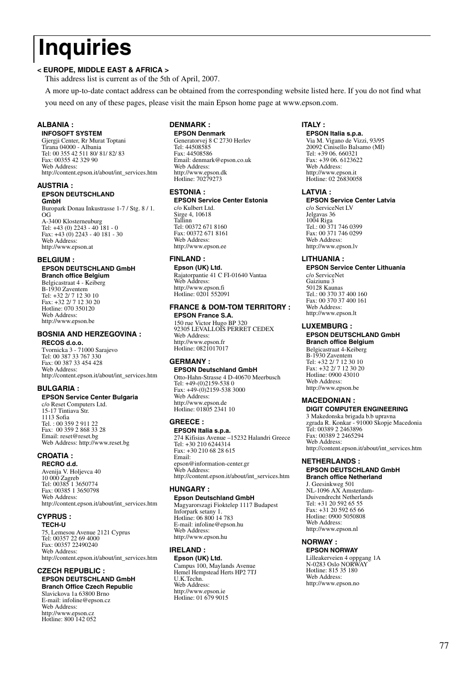 Inquiries, P. 77, Sp. 77 | Epson EMP-TWD10 User Manual | Page 79 / 82