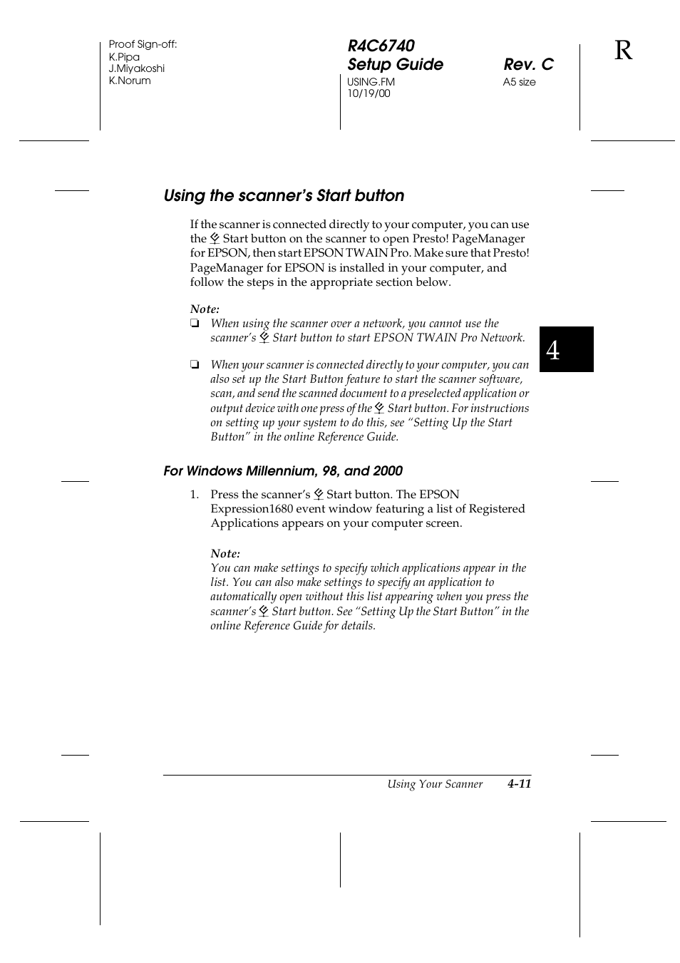 Using the scanner’s start button, For windows millennium, 98, and 2000, Using the scanner’s start button -11 | Epson Expression 1680 User Manual | Page 107 / 124