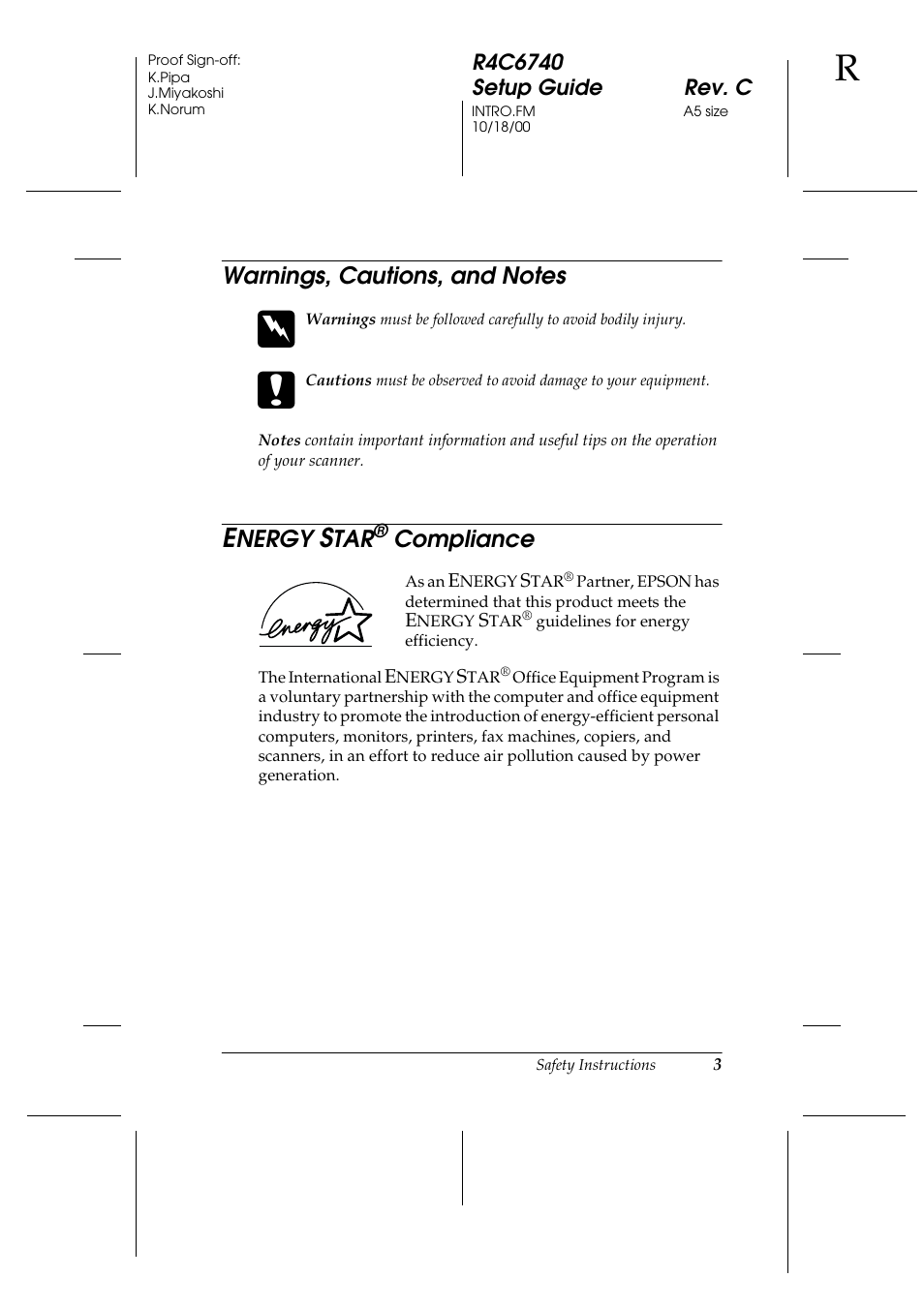 Warnings, cautions, and notes, Energy star® compliance, Nergy | Compliance | Epson Expression 1680 User Manual | Page 11 / 124