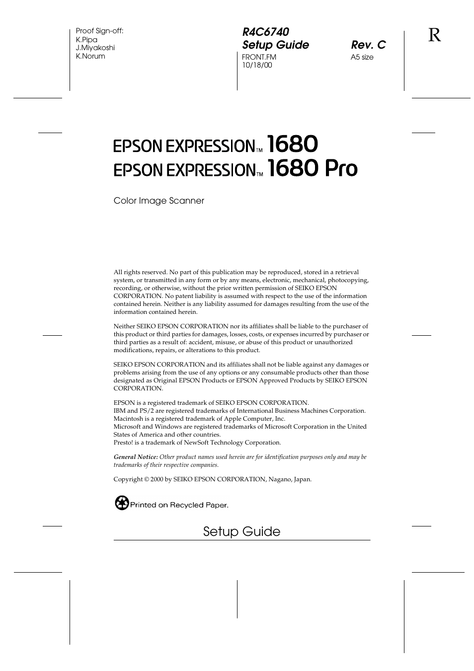 Copyright, Setup guide | Epson Expression 1680 User Manual | Page 3 / 124