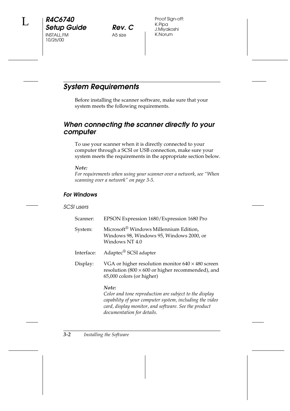 System requirements, For windows, Scsi users | System requirements -2, When connecting the scanner directly to, Your computer -2 | Epson Expression 1680 User Manual | Page 46 / 124