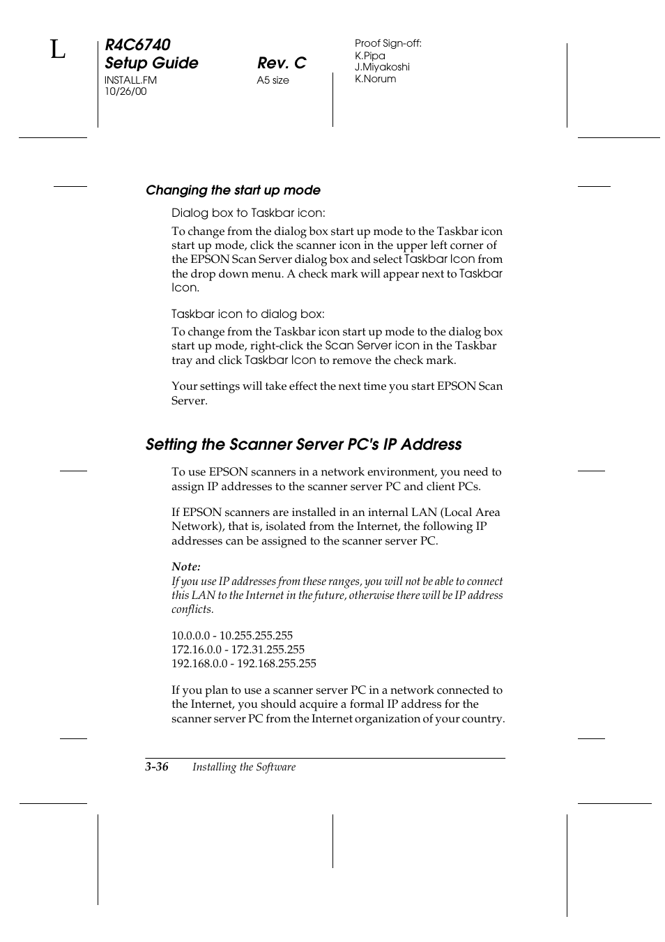 Changing the start up mode, Dialog box to taskbar icon, Taskbar icon to dialog box | Setting the scanner server pc's ip address, Setting the scanner server pc's ip address -36 | Epson Expression 1680 User Manual | Page 80 / 124