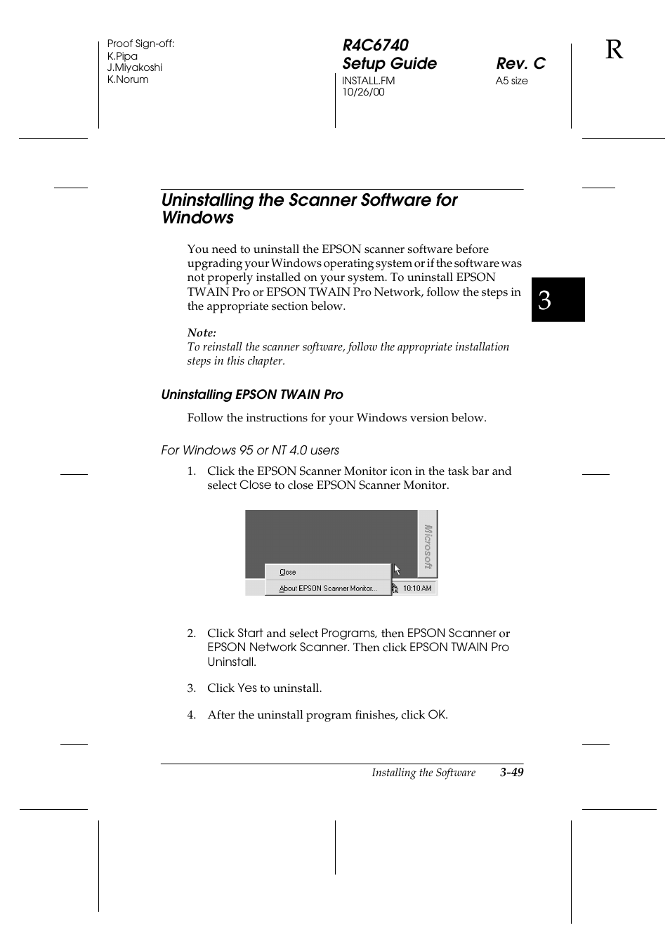 Uninstalling the scanner software for windows, Uninstalling epson twain pro, For windows 95 or nt 4.0 users | Uninstalling the scanner software for windows -49 | Epson Expression 1680 User Manual | Page 93 / 124