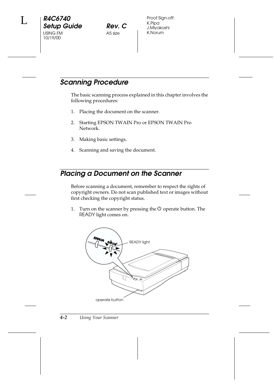 Scanning procedure, Placing a document on the scanner, Scanning procedure -2 | Placing a document on the scanner -2 | Epson Expression 1680 User Manual | Page 98 / 124