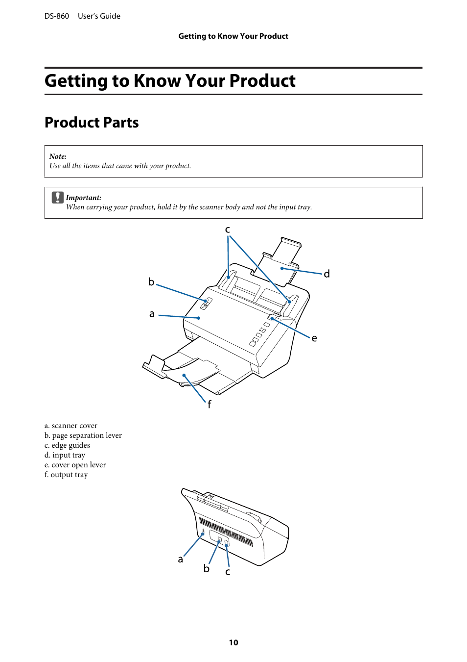 Getting to know your product, Product parts | Epson WorkForce DS-860 User Manual | Page 10 / 70