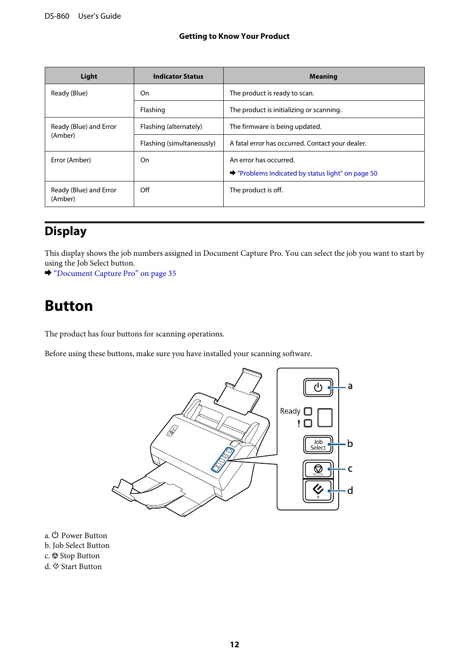 Display, Button | Epson WorkForce DS-860 User Manual | Page 12 / 70