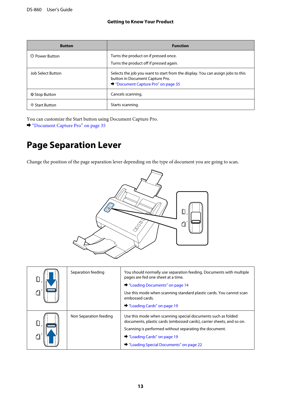 Page separation lever | Epson WorkForce DS-860 User Manual | Page 13 / 70