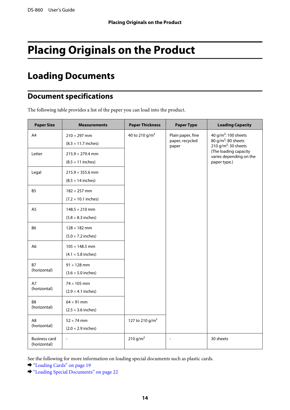 Placing originals on the product, Loading documents, Document specifications | Epson WorkForce DS-860 User Manual | Page 14 / 70