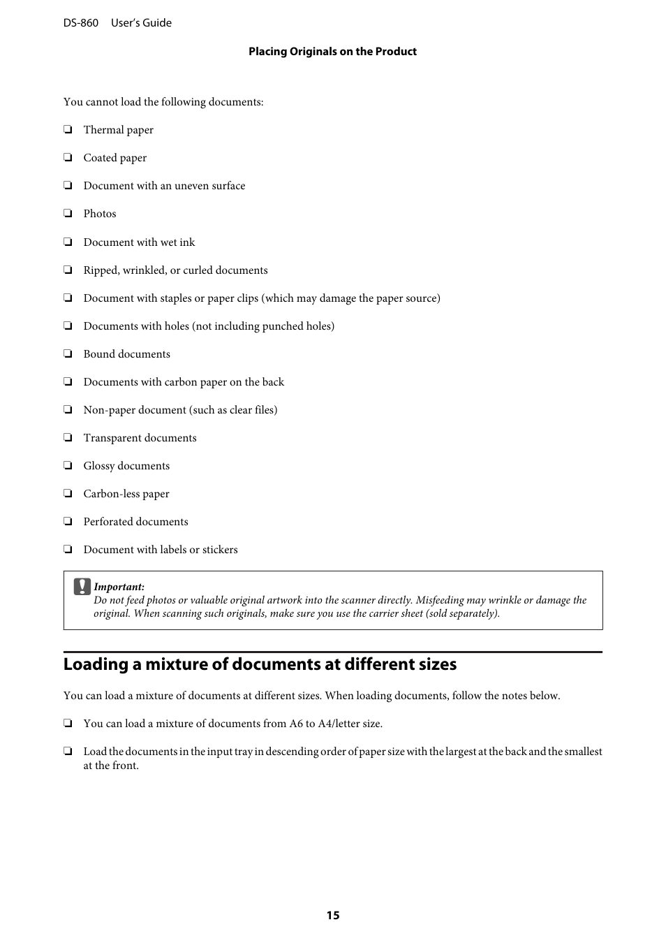 Loading a mixture of documents at different sizes | Epson WorkForce DS-860 User Manual | Page 15 / 70