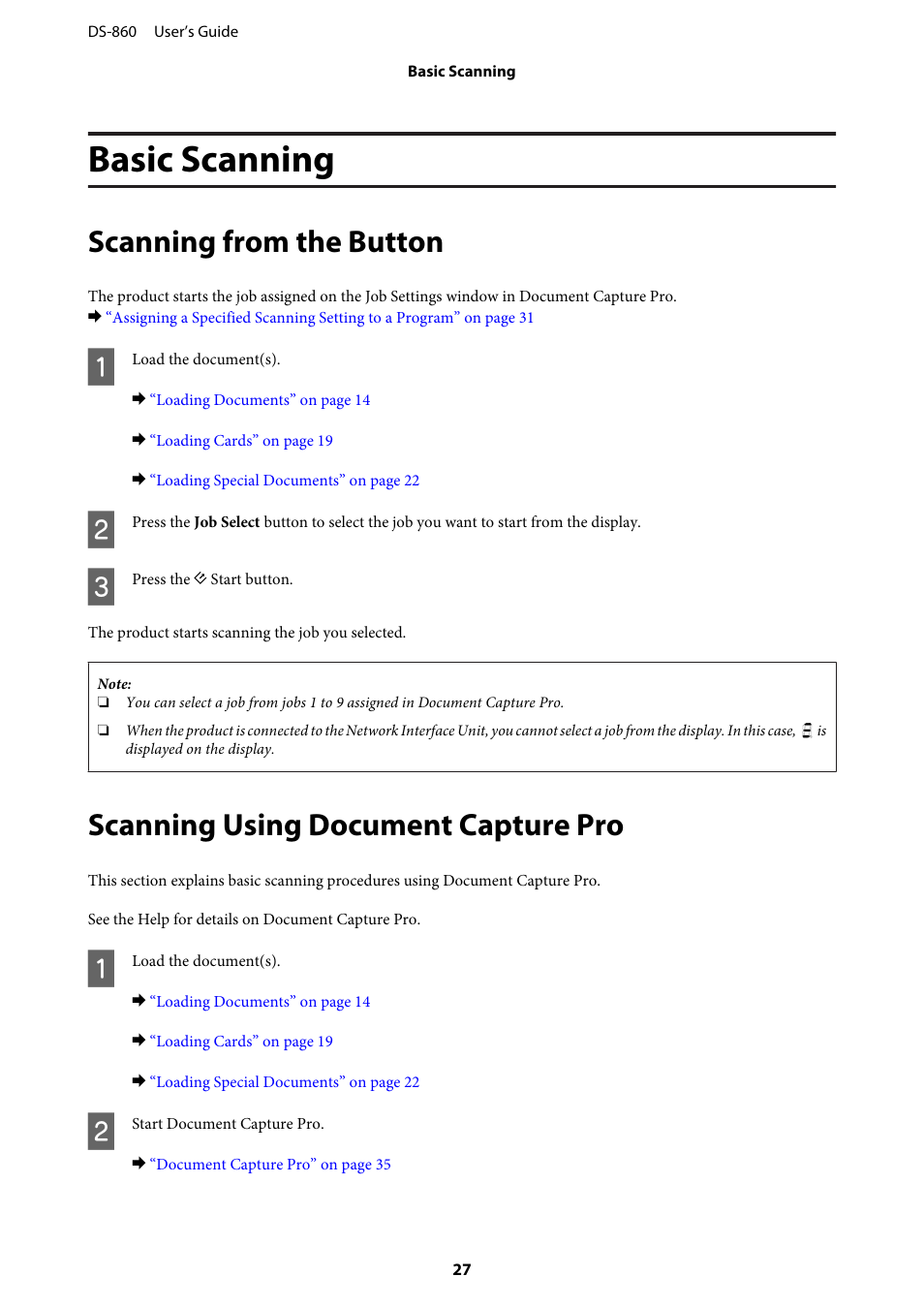 Basic scanning, Scanning from the button, Scanning using document capture pro | Epson WorkForce DS-860 User Manual | Page 27 / 70