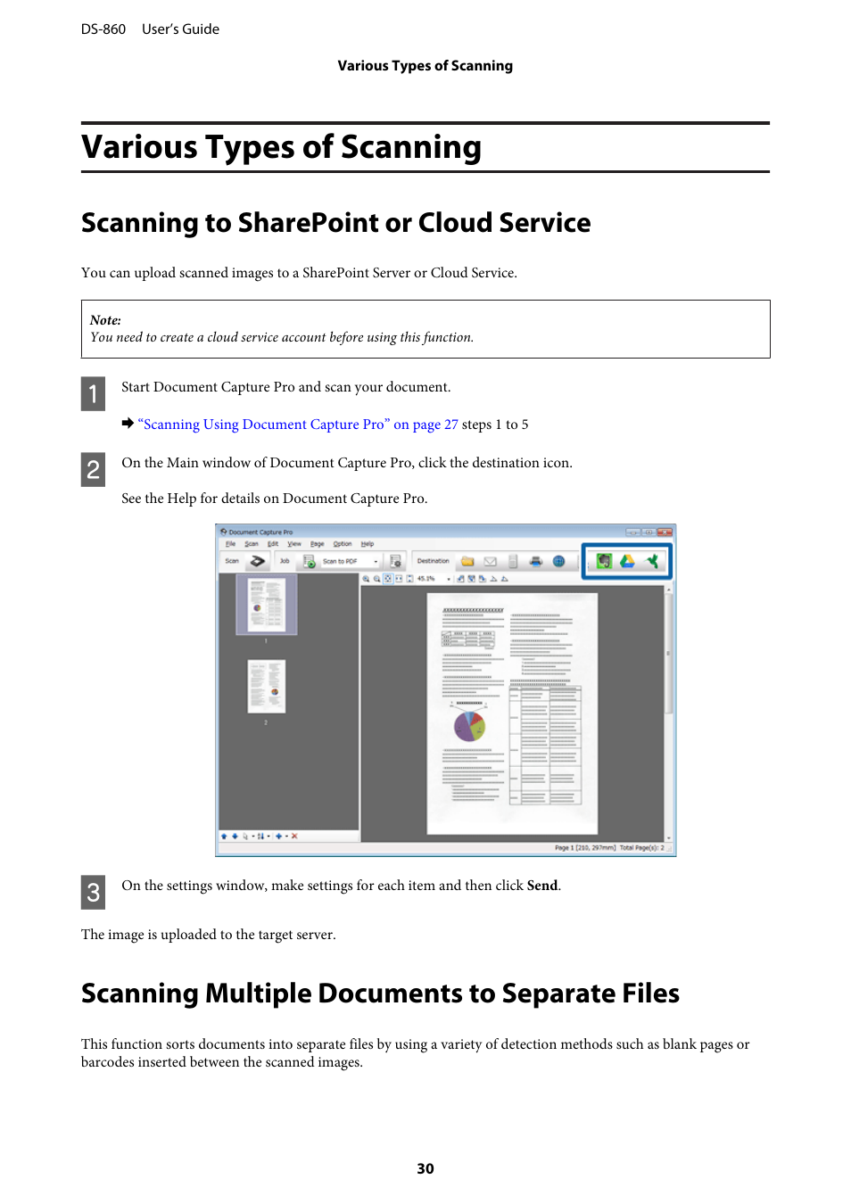 Various types of scanning, Scanning to sharepoint or cloud service, Scanning multiple documents to separate files | Epson WorkForce DS-860 User Manual | Page 30 / 70