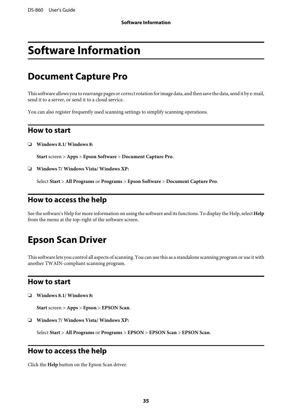 Software information, Document capture pro, How to start | How to access the help, Epson scan driver, How to start how to access the help | Epson WorkForce DS-860 User Manual | Page 35 / 70