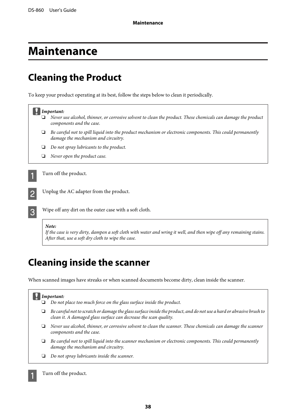 Maintenance, Cleaning the product, Cleaning inside the scanner | Epson WorkForce DS-860 User Manual | Page 38 / 70