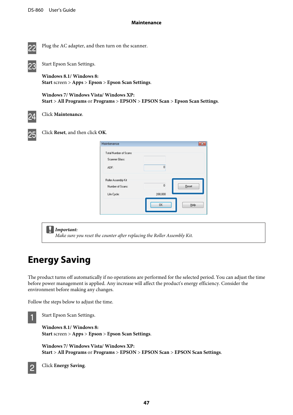 Energy saving | Epson WorkForce DS-860 User Manual | Page 47 / 70