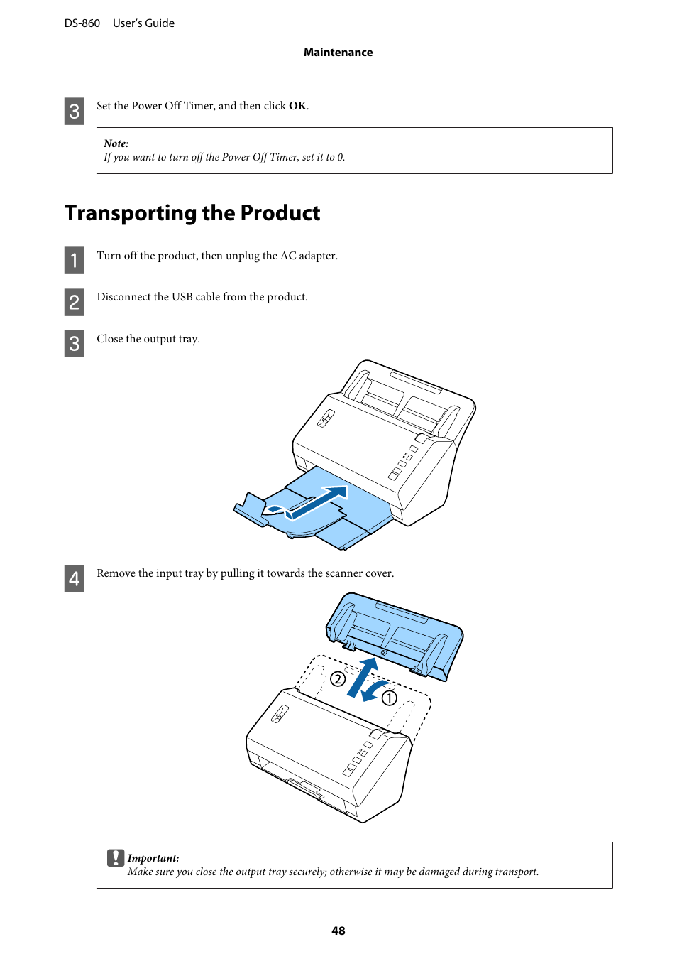 Transporting the product | Epson WorkForce DS-860 User Manual | Page 48 / 70