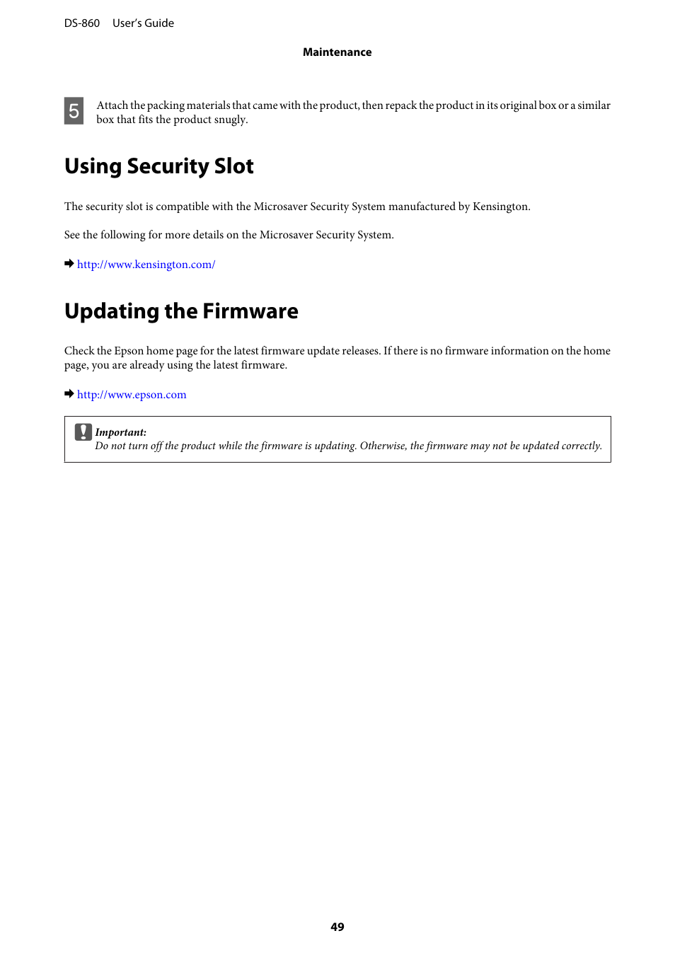 Using security slot, Updating the firmware | Epson WorkForce DS-860 User Manual | Page 49 / 70