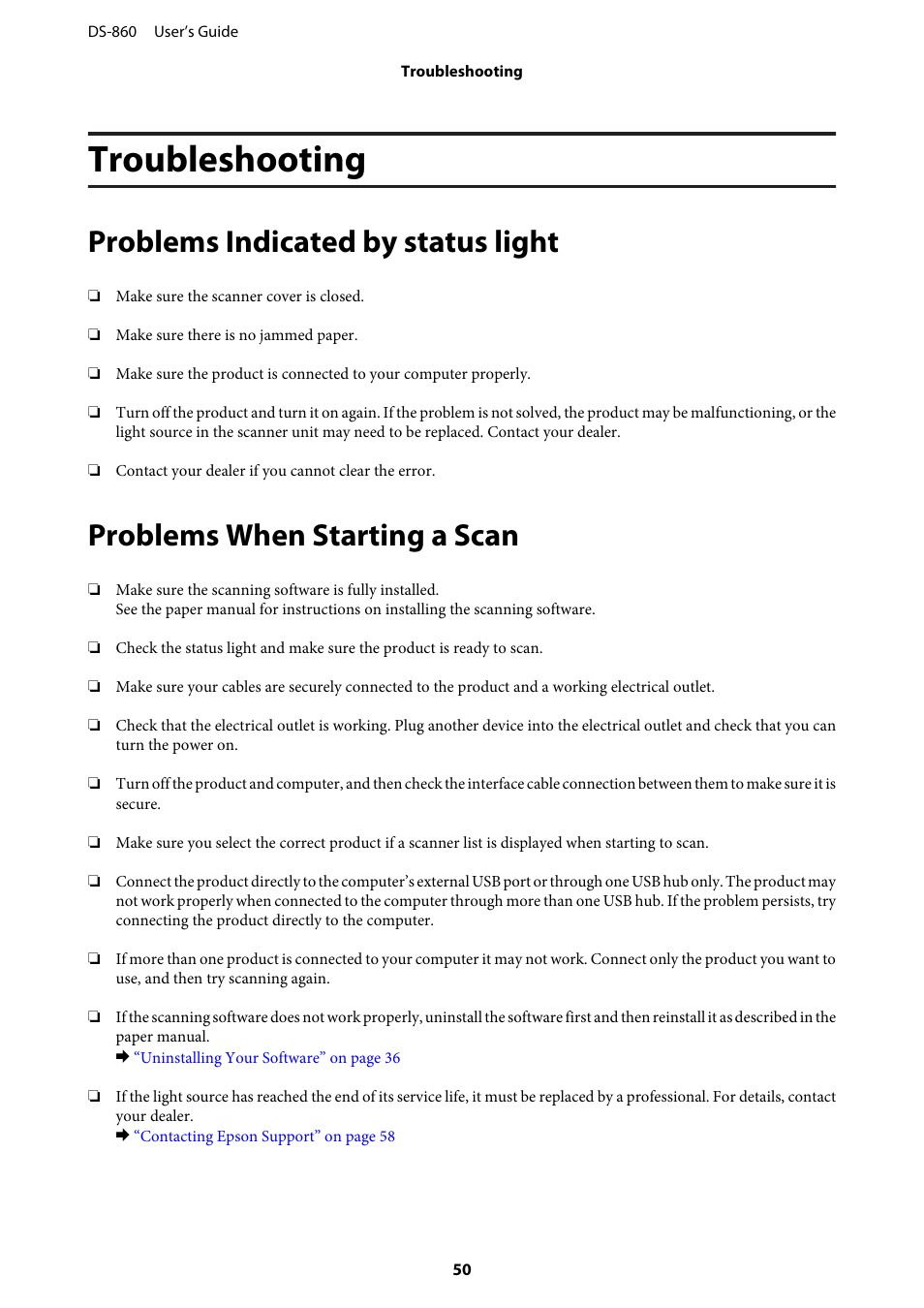 Troubleshooting, Problems indicated by status light, Problems when starting a scan | Epson WorkForce DS-860 User Manual | Page 50 / 70