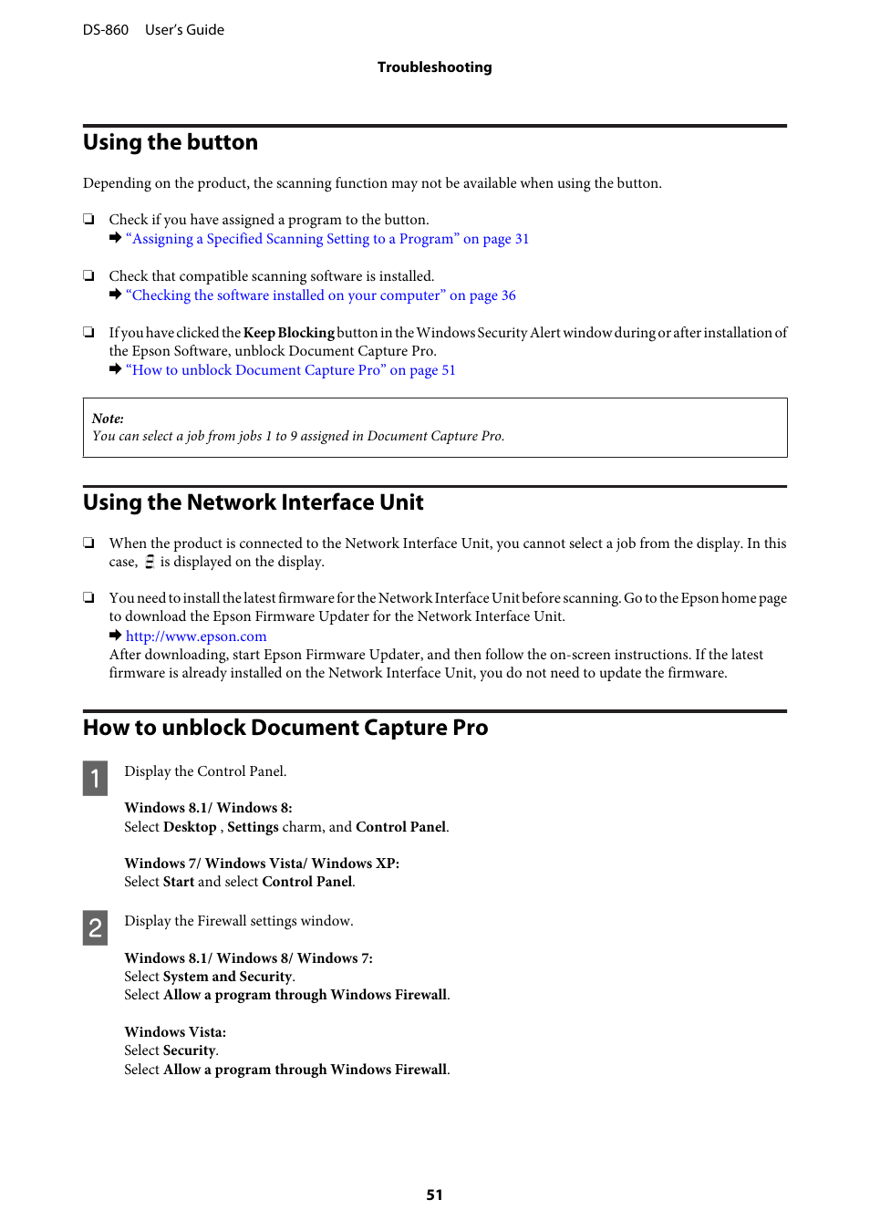 Using the button, Using the network interface unit, How to unblock document capture pro | Epson WorkForce DS-860 User Manual | Page 51 / 70