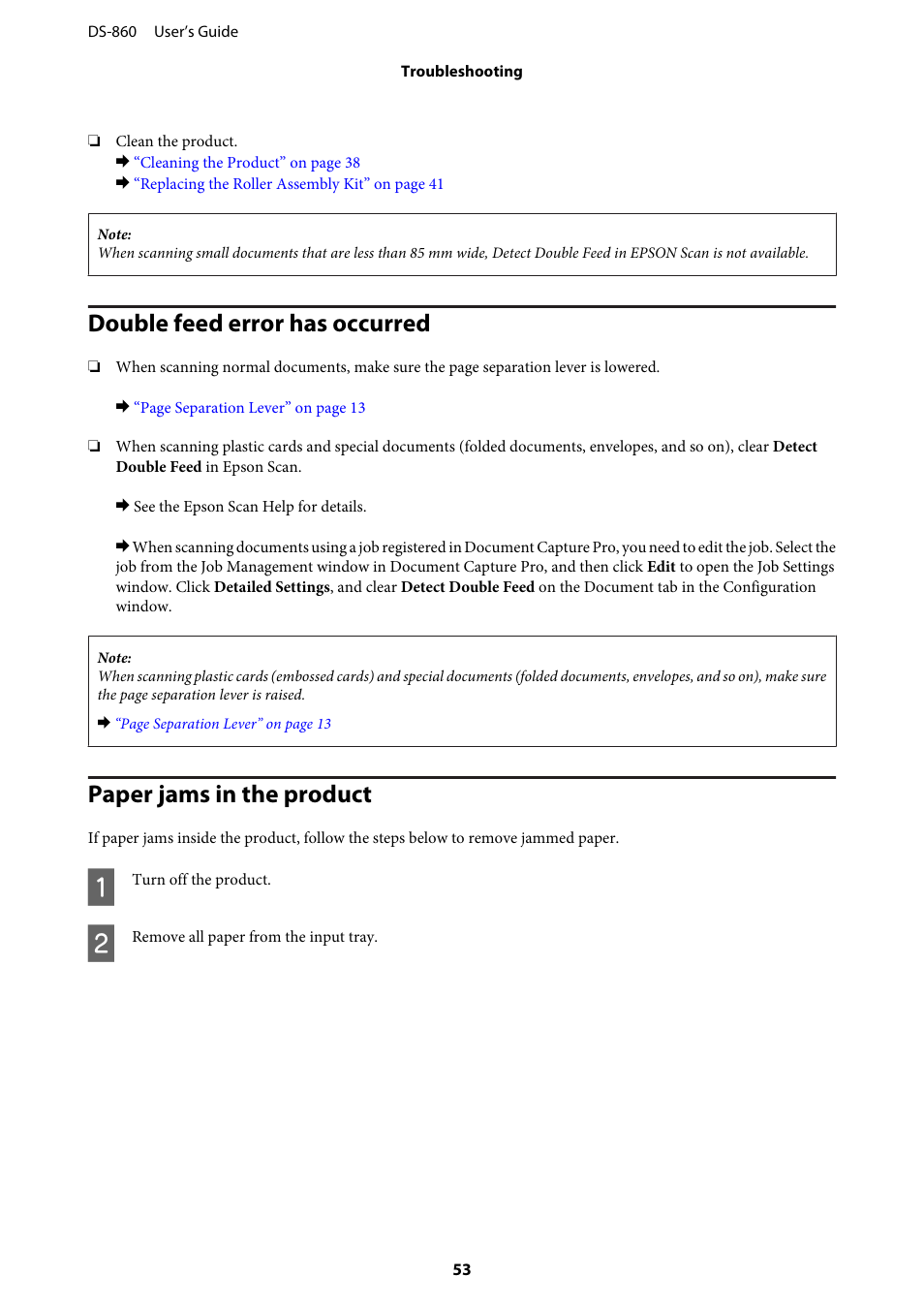 Double feed error has occurred, Paper jams in the product | Epson WorkForce DS-860 User Manual | Page 53 / 70