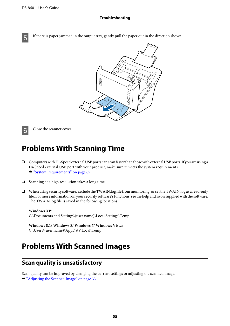 Problems with scanning time, Problems with scanned images, Scan quality is unsatisfactory | Epson WorkForce DS-860 User Manual | Page 55 / 70