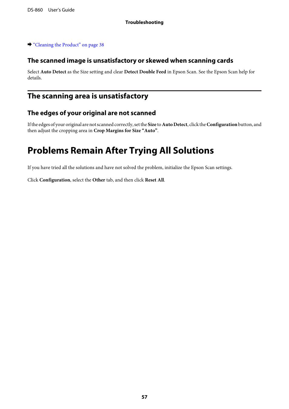 The scanning area is unsatisfactory, The edges of your original are not scanned, Problems remain after trying all solutions | Epson WorkForce DS-860 User Manual | Page 57 / 70