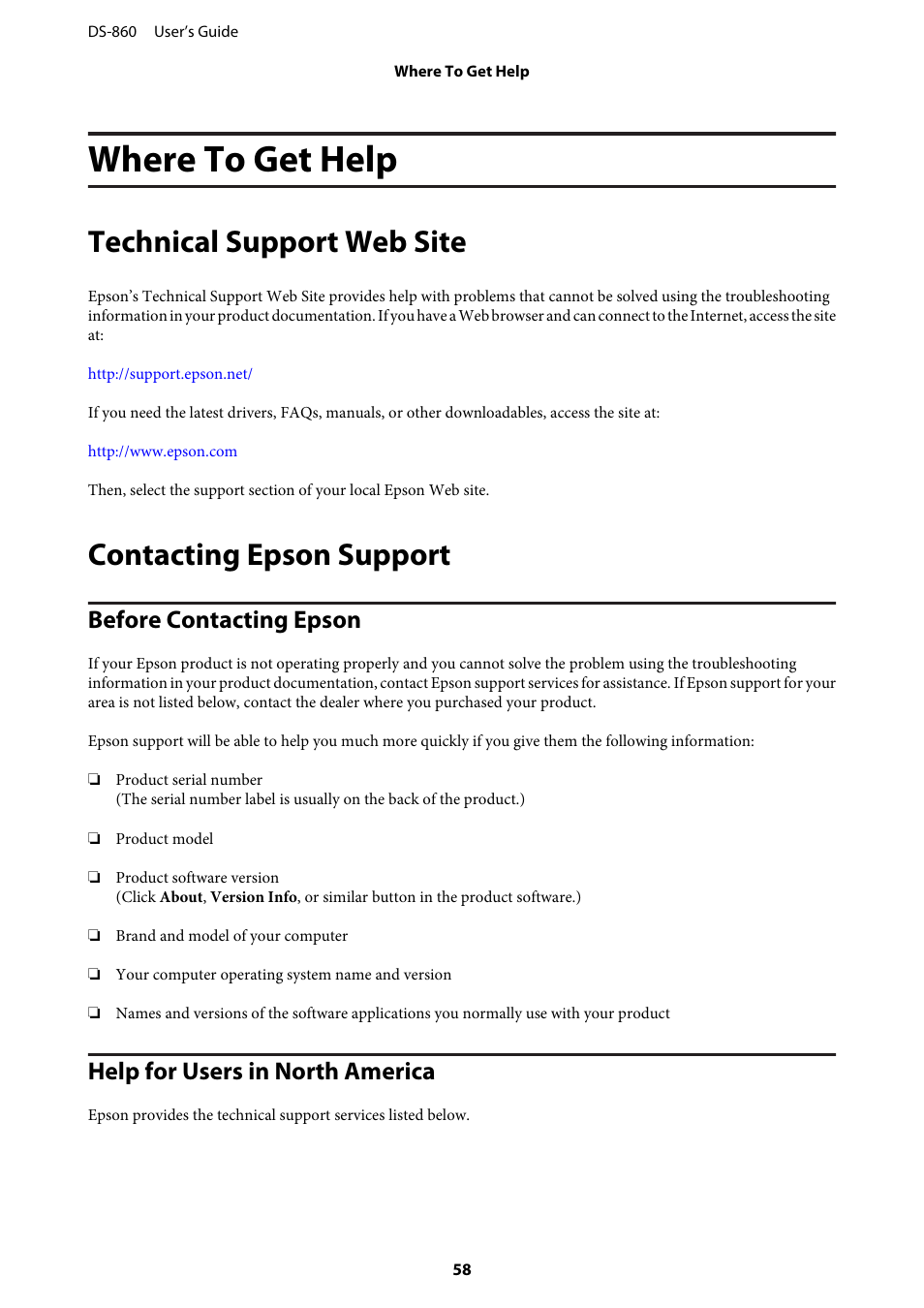 Where to get help, Technical support web site, Contacting epson support | Before contacting epson, Help for users in north america | Epson WorkForce DS-860 User Manual | Page 58 / 70