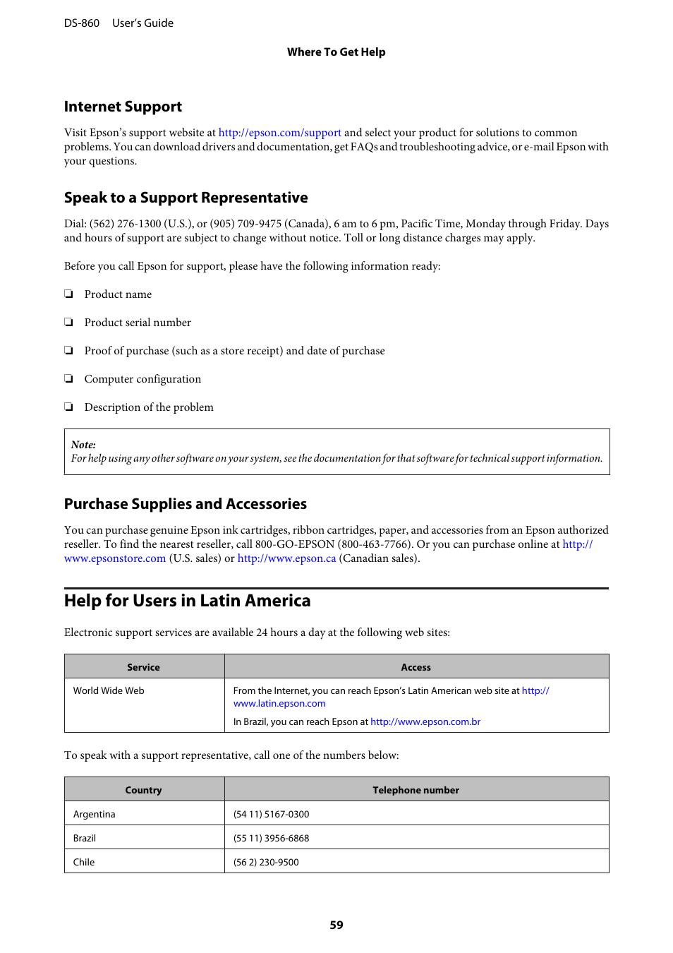 Internet support, Speak to a support representative, Purchase supplies and accessories | Help for users in latin america | Epson WorkForce DS-860 User Manual | Page 59 / 70