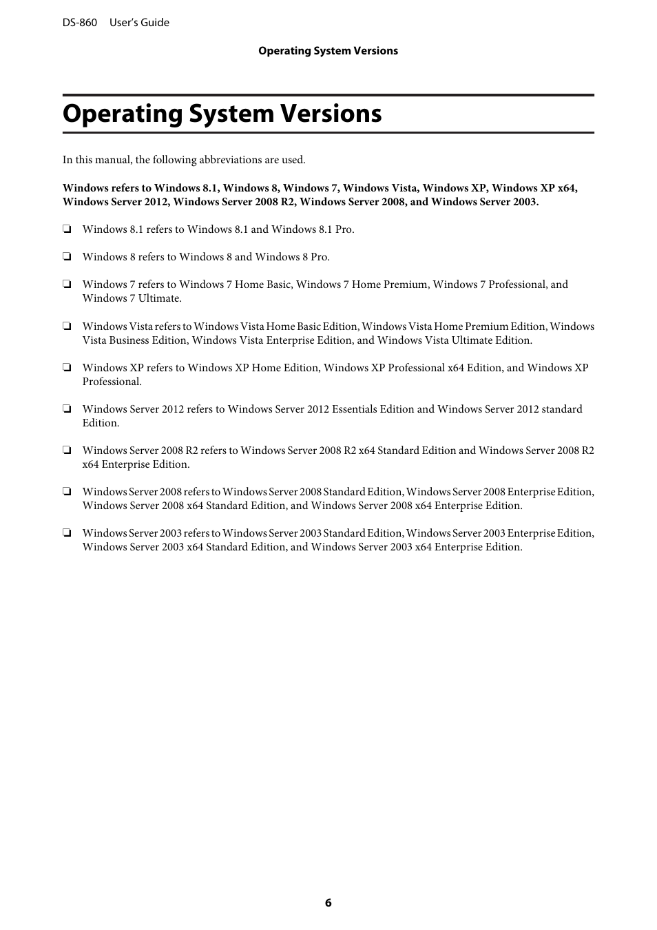 Operating system versions | Epson WorkForce DS-860 User Manual | Page 6 / 70