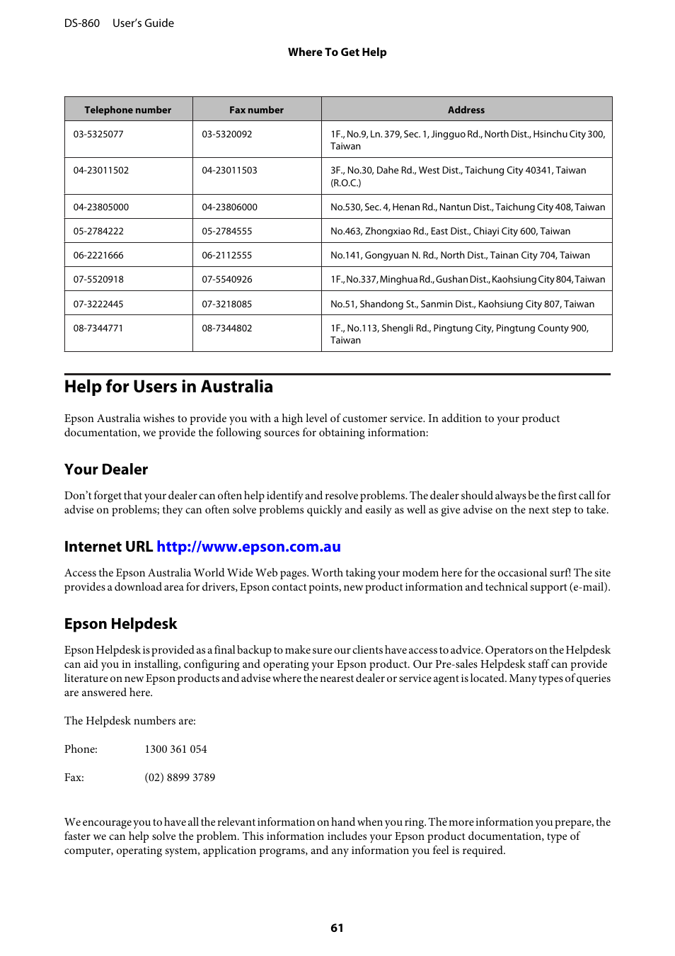 Help for users in australia, Your dealer, Internet url http://www.epson.com.au | Epson helpdesk | Epson WorkForce DS-860 User Manual | Page 61 / 70