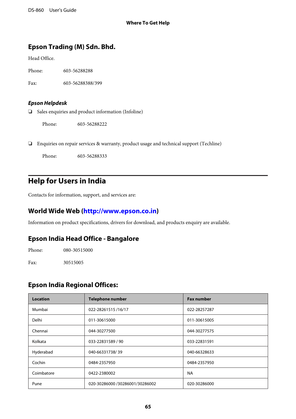 Epson trading (m) sdn. bhd, Help for users in india, World wide web (http://www.epson.co.in) | Epson india head office - bangalore, Epson india regional offices | Epson WorkForce DS-860 User Manual | Page 65 / 70