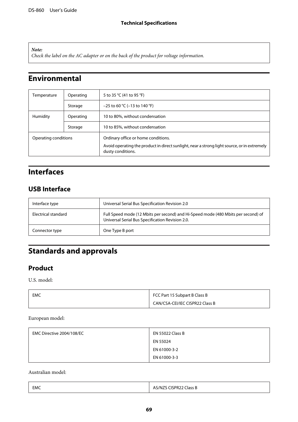 Environmental, Interfaces, Usb interface | Standards and approvals, Product, Environmental interfaces standards and approvals | Epson WorkForce DS-860 User Manual | Page 69 / 70