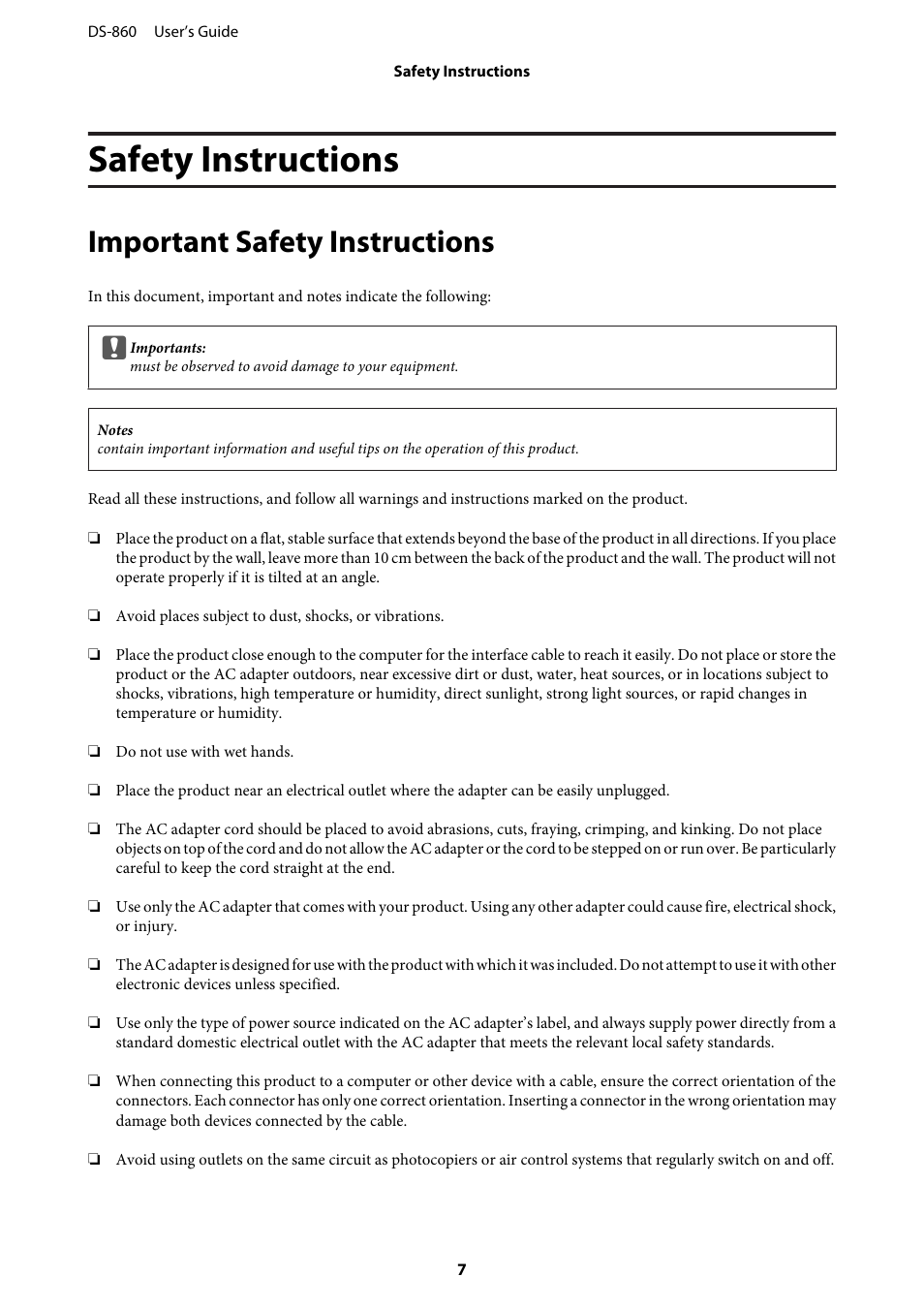 Safety instructions, Important safety instructions | Epson WorkForce DS-860 User Manual | Page 7 / 70