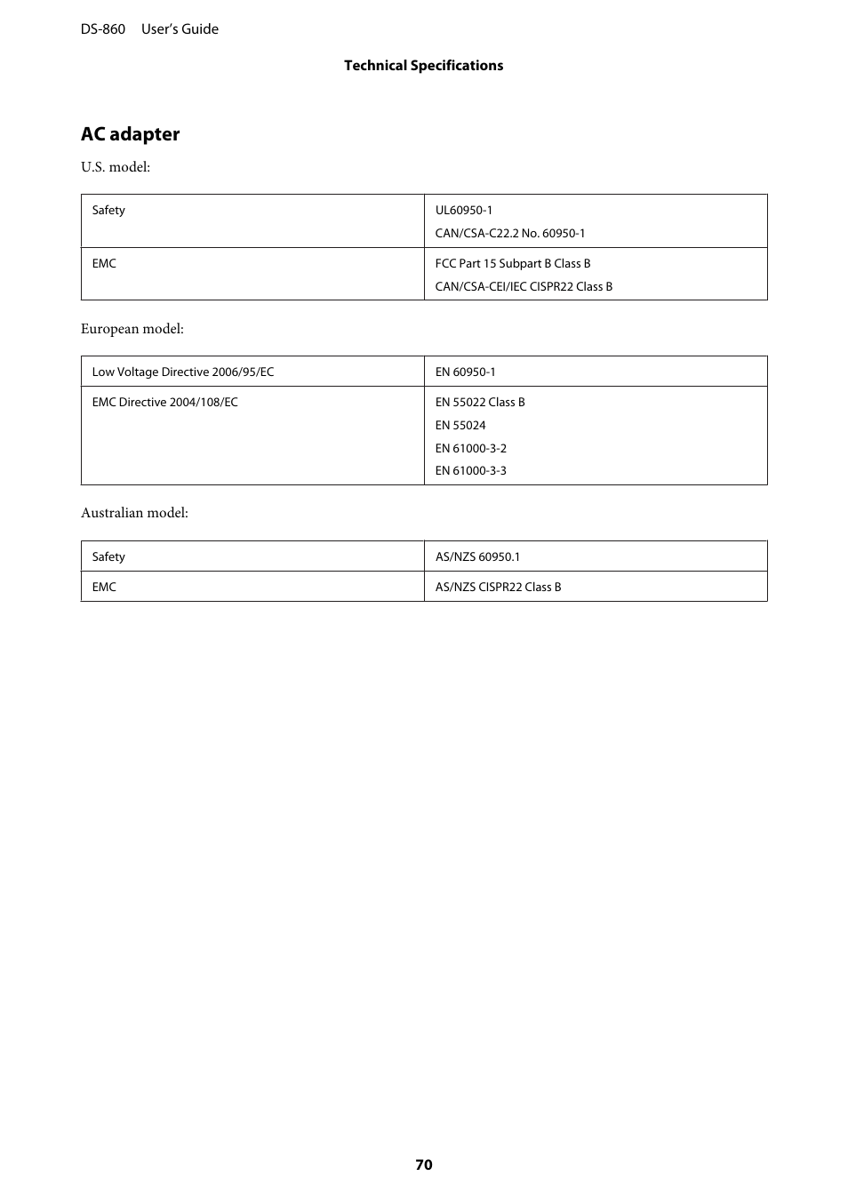 Ac adapter | Epson WorkForce DS-860 User Manual | Page 70 / 70