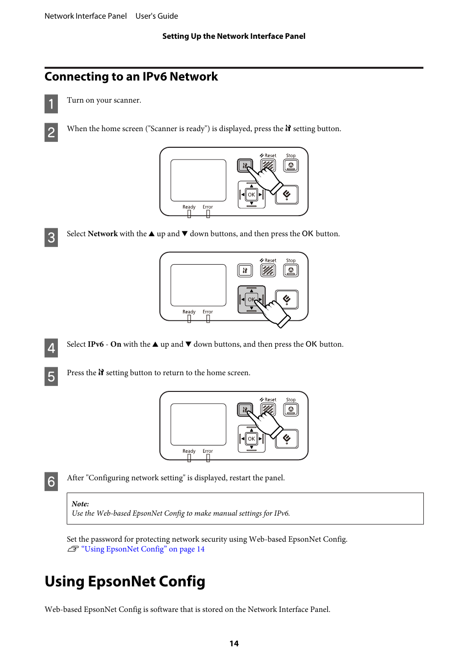 Connecting to an ipv6 network, Using epsonnet config | Epson WorkForce DS-7500N User Manual | Page 14 / 27