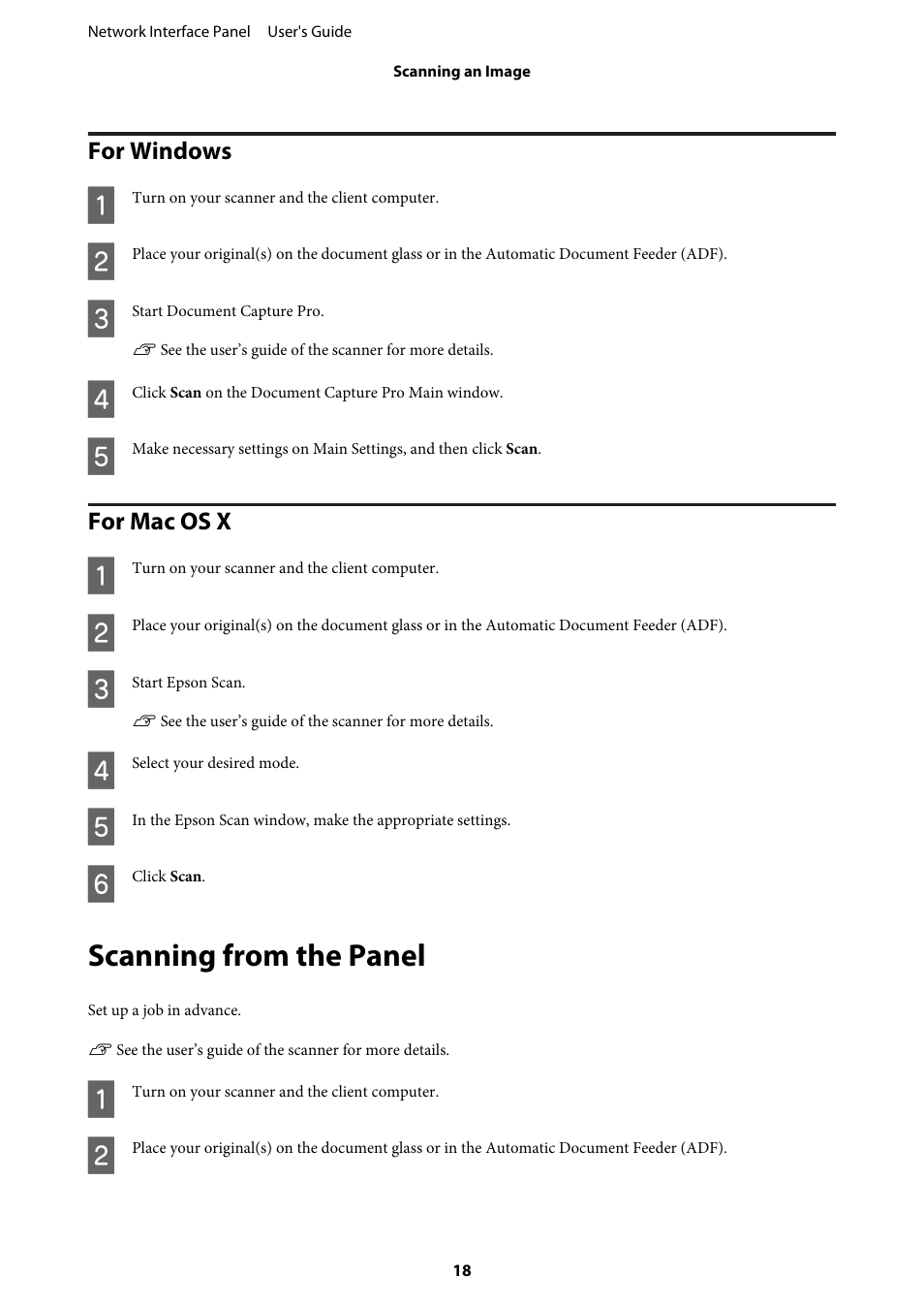 For windows, For mac os x, Scanning from the panel | For windows for mac os x | Epson WorkForce DS-7500N User Manual | Page 18 / 27
