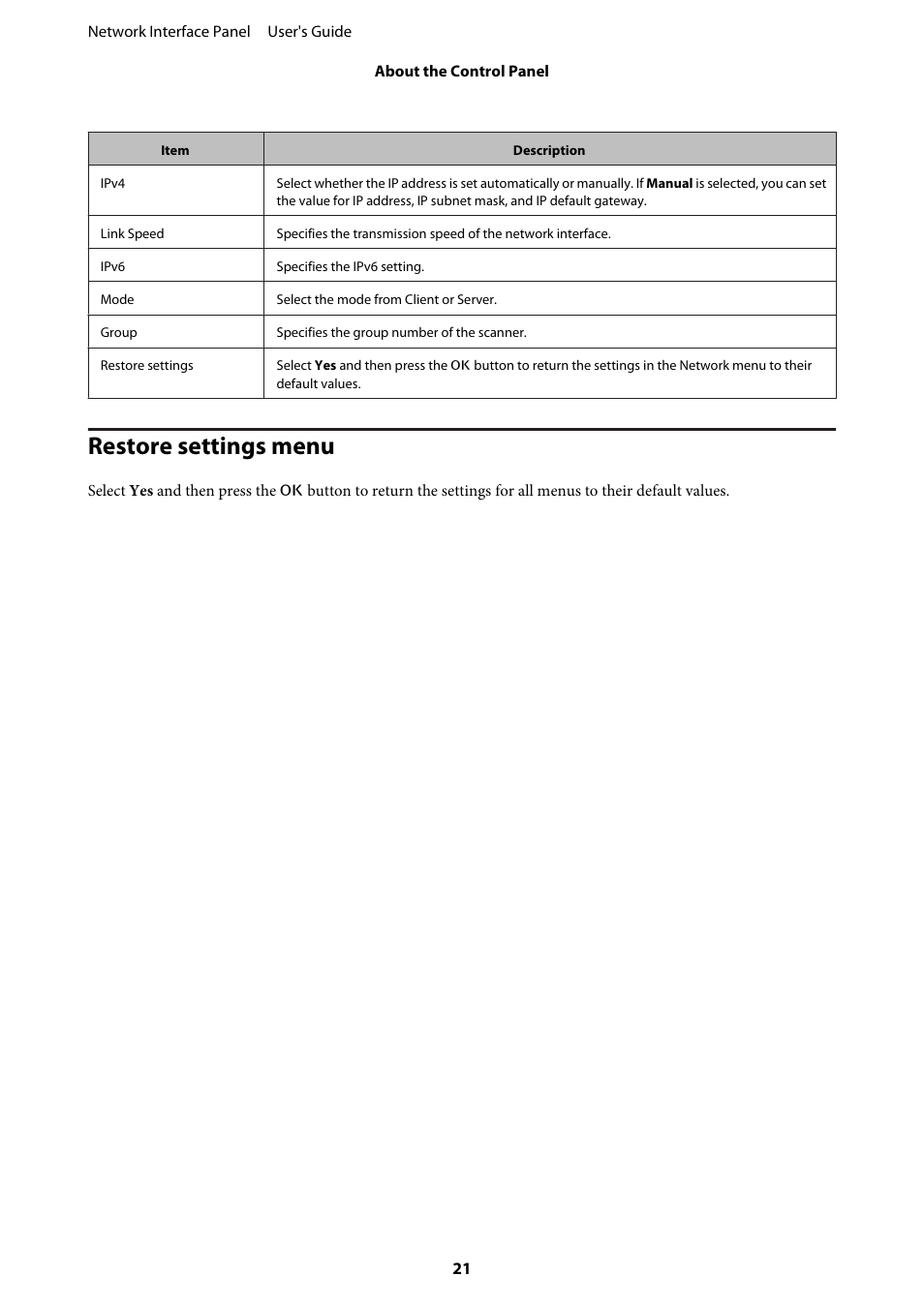 Restore settings menu | Epson WorkForce DS-7500N User Manual | Page 21 / 27