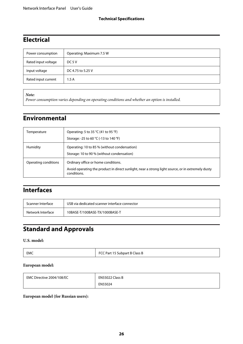 Electrical, Environmental, Interfaces | Standard and approvals | Epson WorkForce DS-7500N User Manual | Page 26 / 27