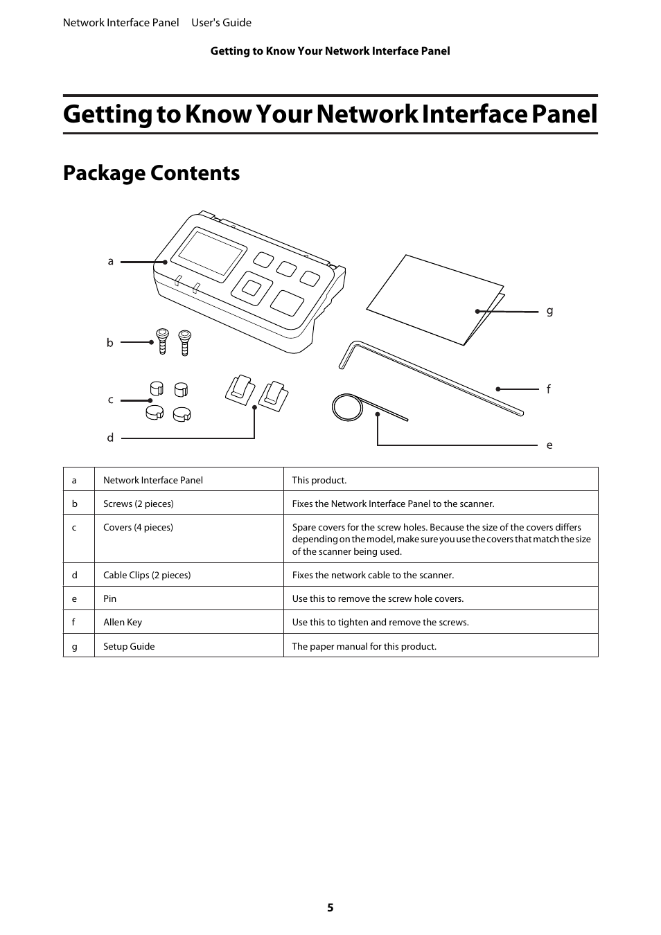 Getting to know your network interface panel, Package contents | Epson WorkForce DS-7500N User Manual | Page 5 / 27