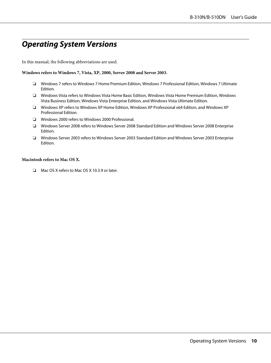 Operating system versions | Epson B 510DN User Manual | Page 10 / 218