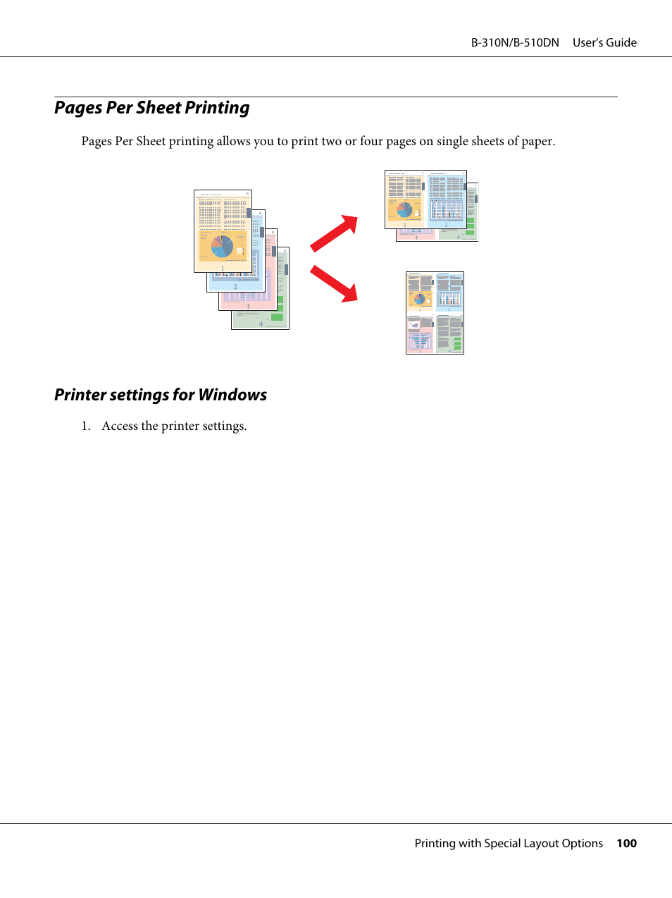 Printer settings for windows, Pages per sheet printing | Epson B 510DN User Manual | Page 100 / 218
