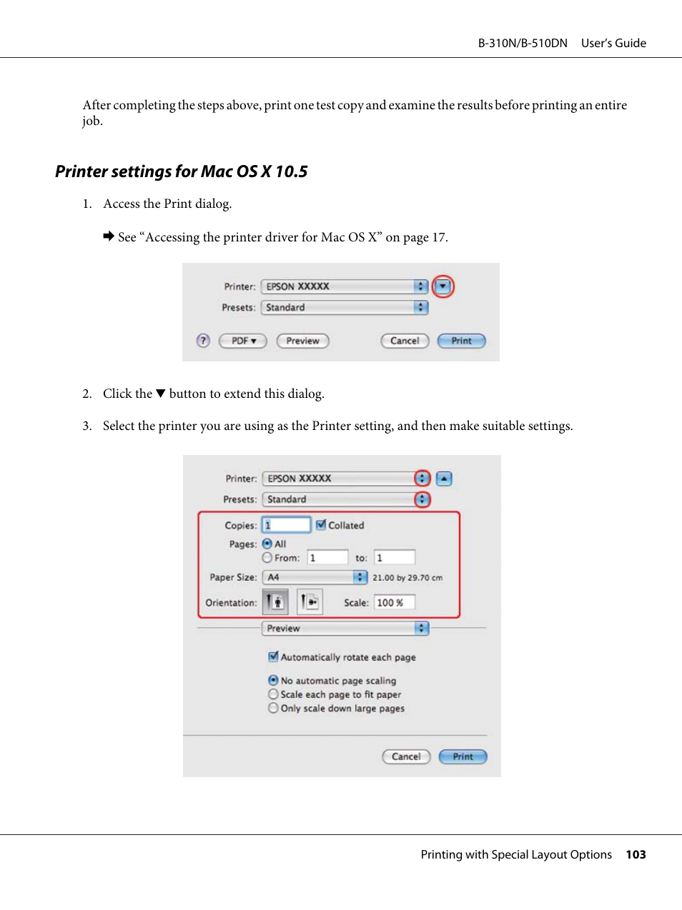 Printer settings for mac os x 10.5 | Epson B 510DN User Manual | Page 103 / 218